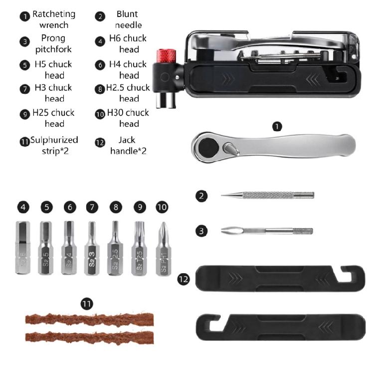 Durability 15 in 1 Cycling Tool Containing Steel Patches Strips Double Direction Ratchets and Compacts Carry Pouches