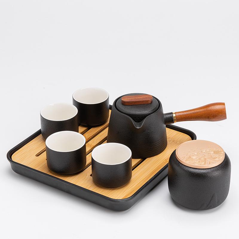 Japanese Black Pottery Tea Set with Handle Teapot, Dry Brew Tray, and Portable Bag for Home, Office, or Travel.