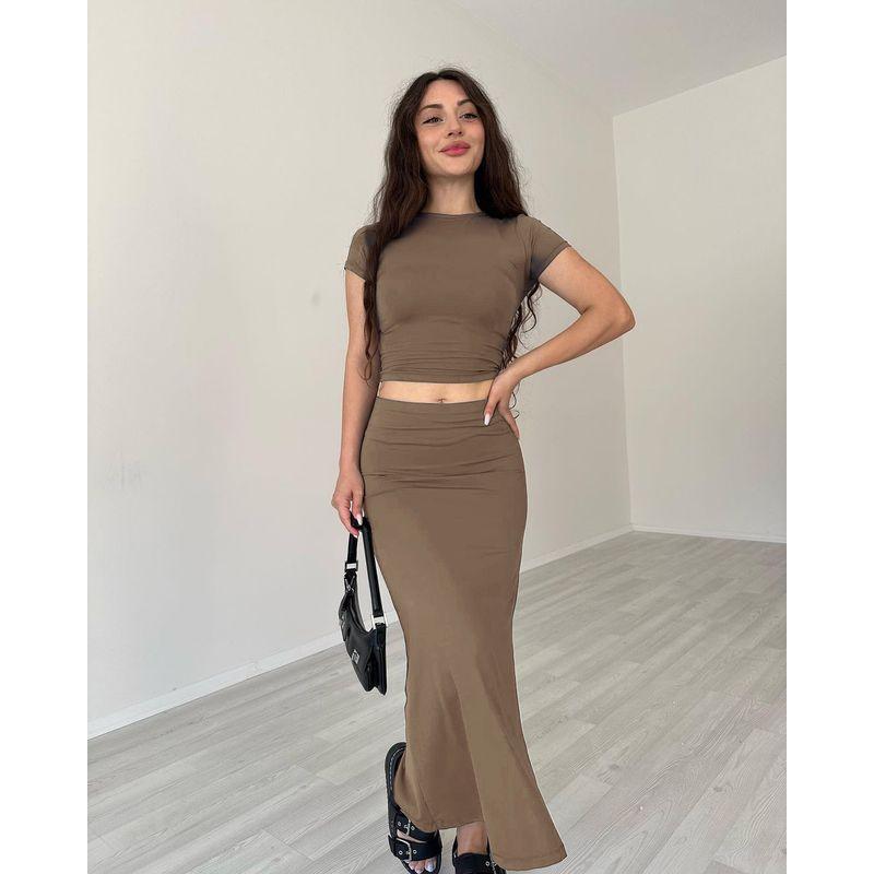 

Летний трансграничный европейский и американский однотонный круглый вырез короткий рукав с открытой талией короткая куртка модный повседневный с разрезом длинное платье комплект костюм Kakh M