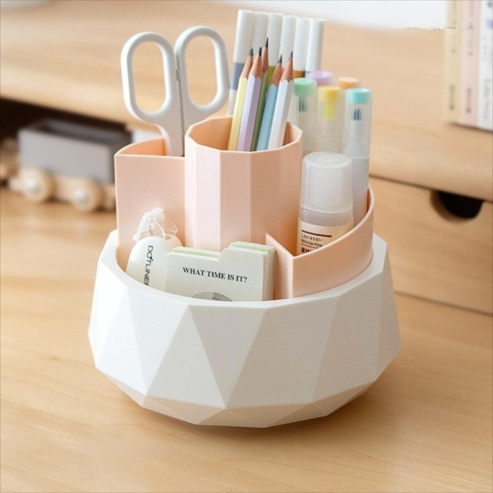 

Large Capacity Pencil Storage Box 4-Grid Makeup Brush Organizer 360° Rotating Pen Holder Home розовый/белый