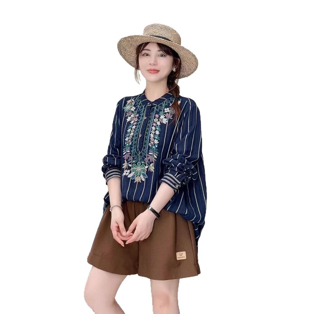 Retro Artistic Striped Embroidered Stand Collar Loose Shirt for Women - Spring/Autumn, Plus Size Available