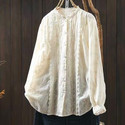 Damen Vintage Stickerei Floral Hemden Tops Baumwolle Herbst Blusen Knopf Locker Süß Weiche Hemden
