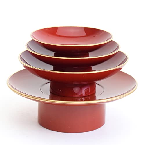 Maeju Lacquerware Toso Set, Shining Vermilion Red with Crane and Phlogopite Design, Includes Sake Cup, Choshi, and Toso Stand, Traditional Craftsmansh