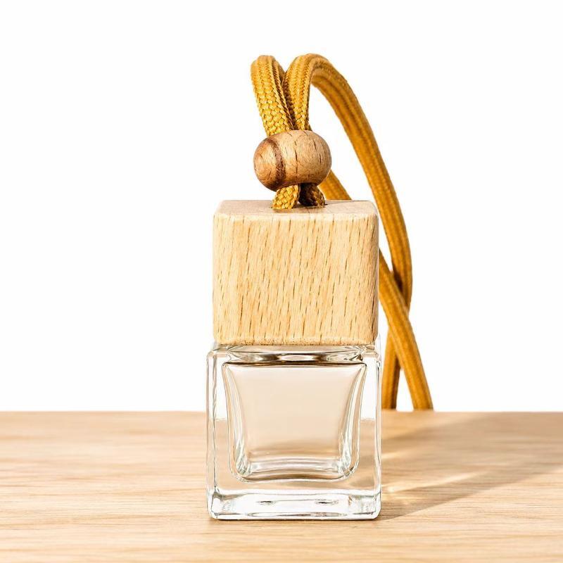 Empty Hanging Car Diffuser Bottles with Natural Wooden Lids Clear Glass Reusable for Homemade Car Air Fresheners