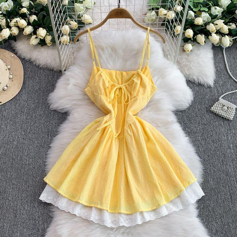 French style Pure Desire Lace-up V-neck Sling Dress Women Summer New Lace Embroidery Waist Slimming Cake Skirts