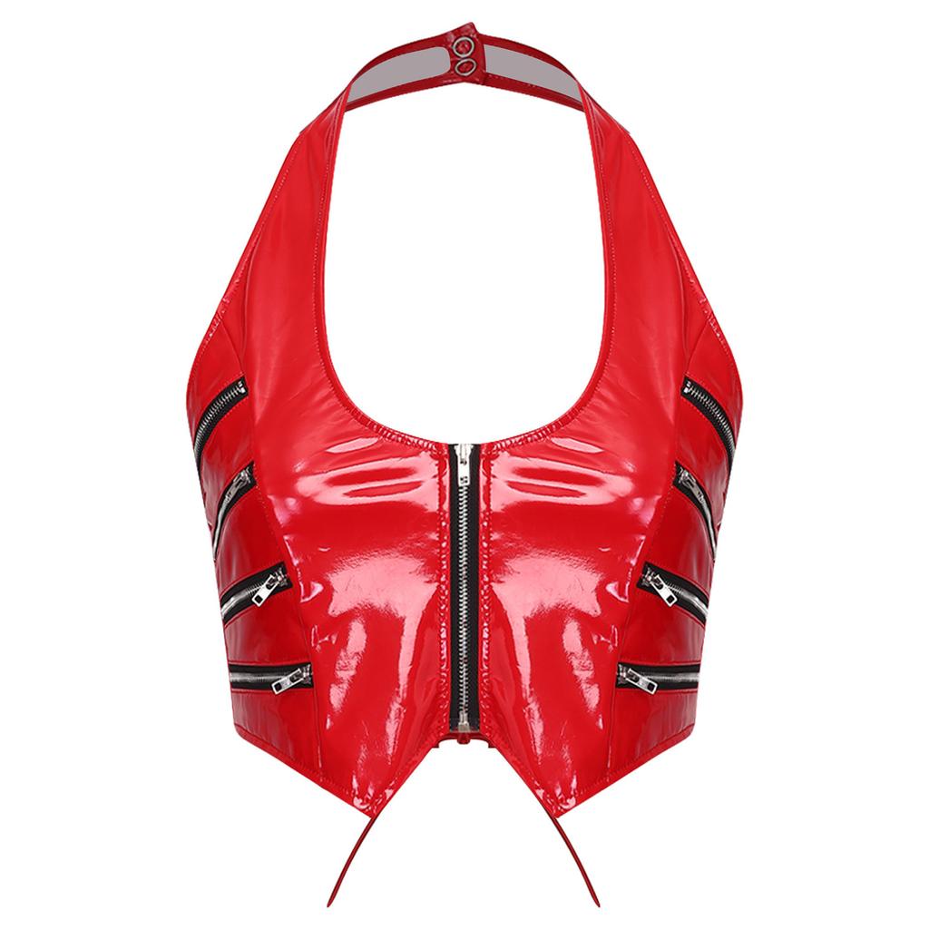 Ladies Y2k Glossy PU Mini Corset Top Halter Neck V Cut Front Zip Back Lace Up Sleeveless Crop Vest for Nightclub Party