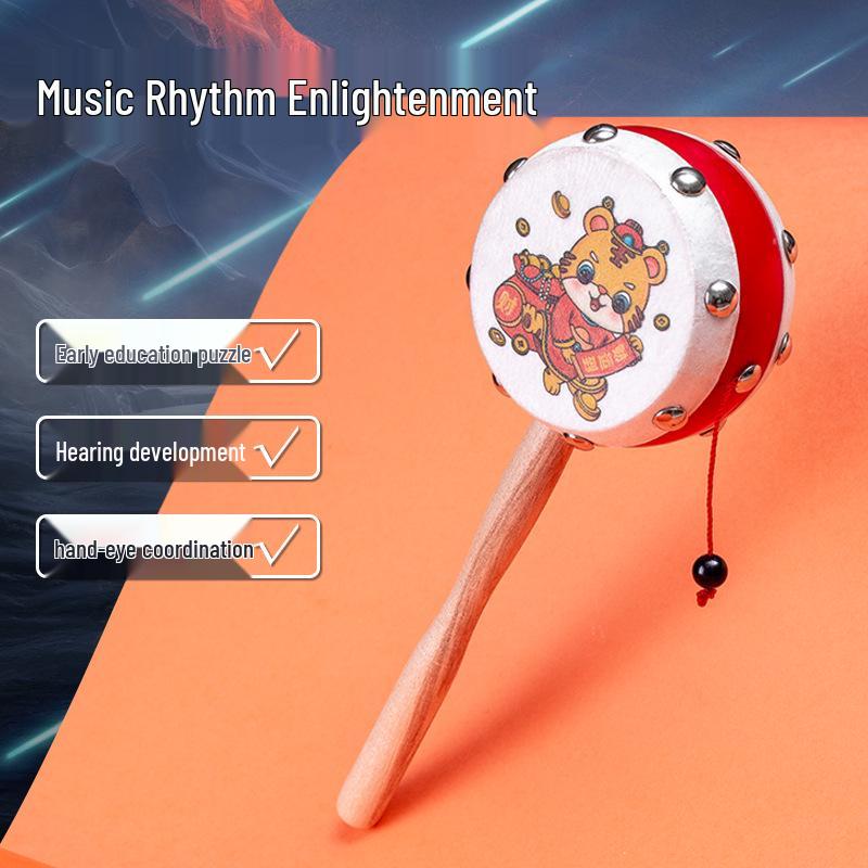 Wooden Sheepskin Baby Rattle Handheld Wave Drum for Newborns and Toddlers