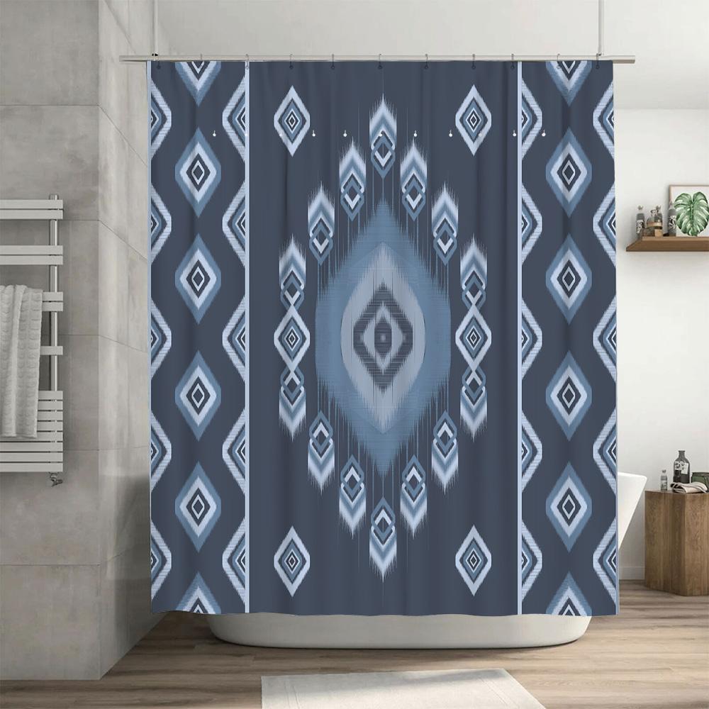 Modern Geometric Shower Curtain Set, Blue White Design Pattern Fabric for Bathroom Decor 72 x 72 inches