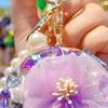 Women Folding Mirror Keychain Portable Make-up Mirror Pendant Rhinestones Faux Pearl Double-Sided Mirror