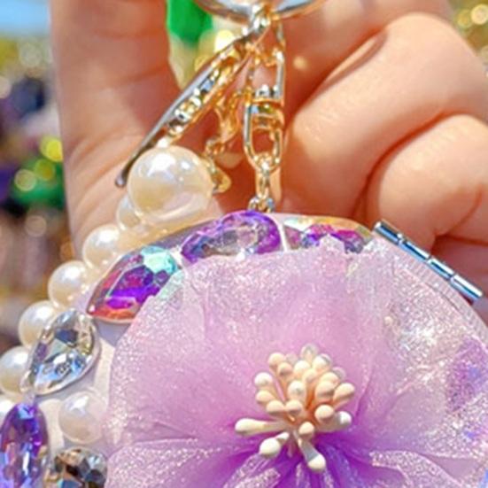 Women Folding Mirror Keychain Portable Make-up Mirror Pendant Rhinestones Faux Pearl Double-Sided Mirror