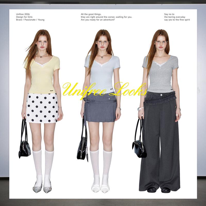 UNIFREE Women's Plus Size Lace Splice V-Neck Short T-Shirt