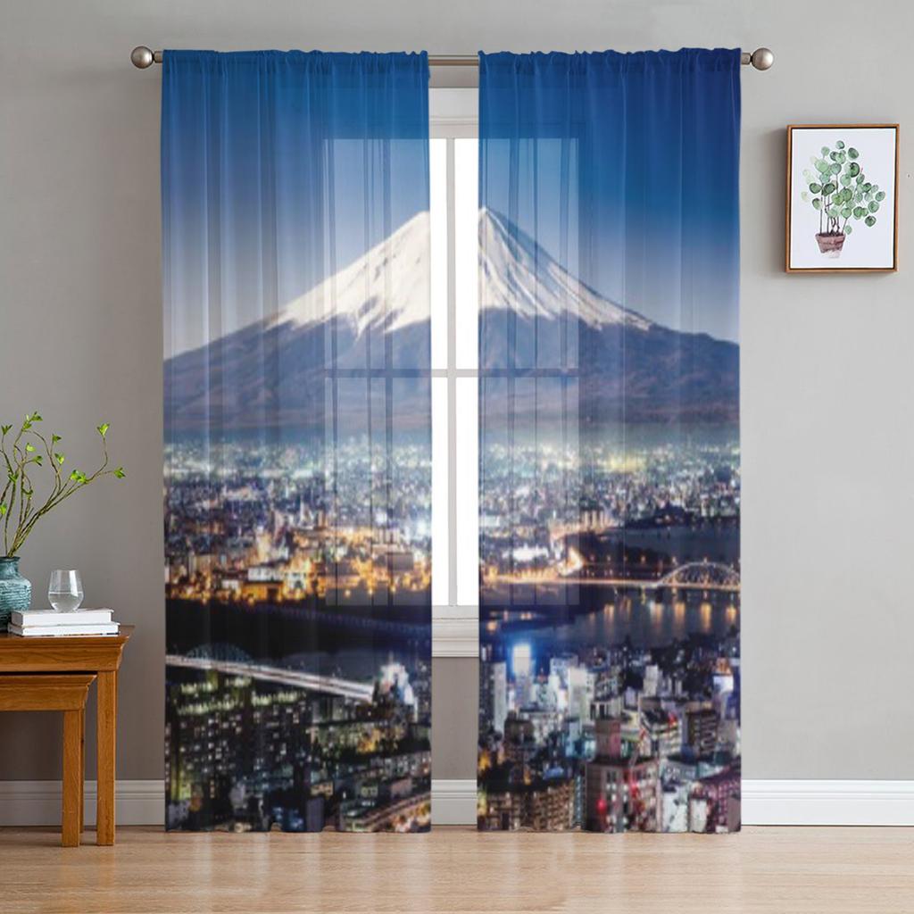 Tokio Top View Sonnenuntergang Mit Fuji Berg Chiffon Transparente Vorhänge für Wohnzimmer Schlafzimmer Dekoration Fenster Voiles Tüllvorhang