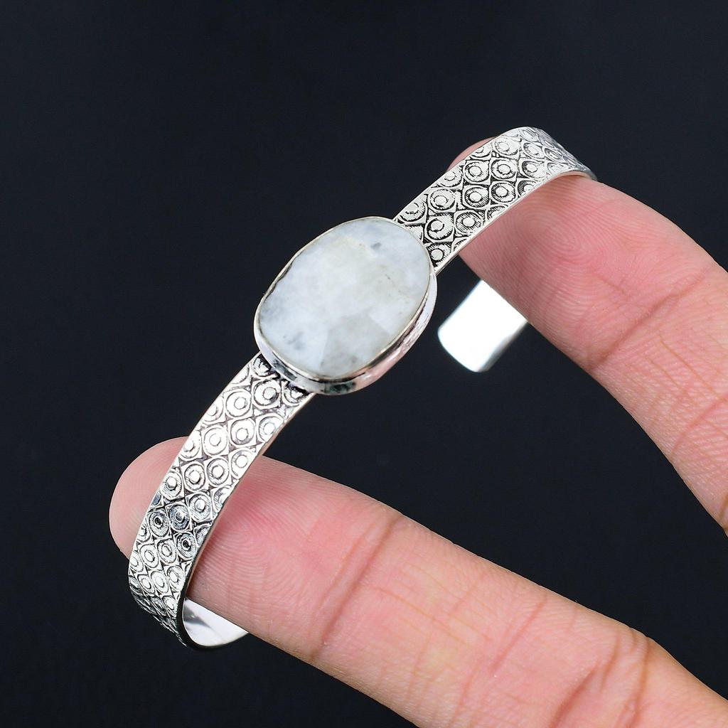 Natural Rainbow Moonstone Gemstone 925 Silver Bangle Adjustable For Girls