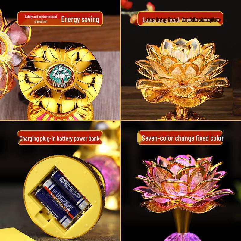 LED Seven-Colored Lotus Buddha Lamp - Rechargeable Guanyin Offering Light