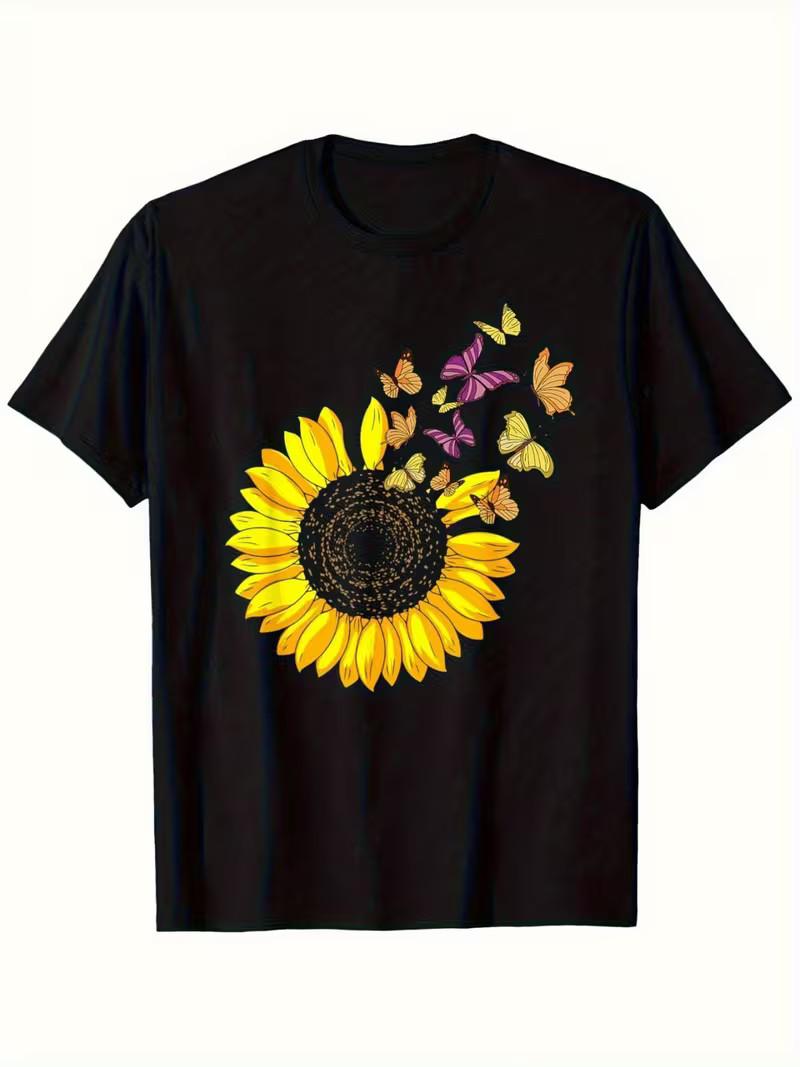 Men S Black T-Shirt with Vibrant Yellow Sunflower & Multicolor Butterfly Floral XXL