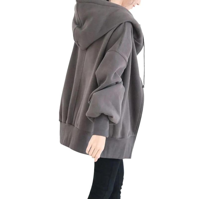 Women's Loose Long Sleeve Drawstring Sweatshirt Oversized Solid Color Zipper Hoodie  Mid-length Warmth Pocket Coat