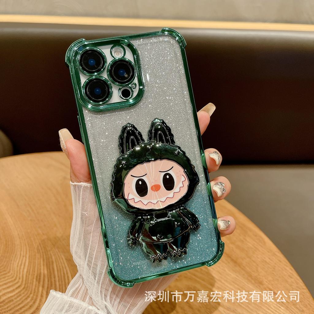 Four corners anti-drop cartoon rabub suitable for iPhone16 mobile phone case electroplated mirror bracket Apple 15promax