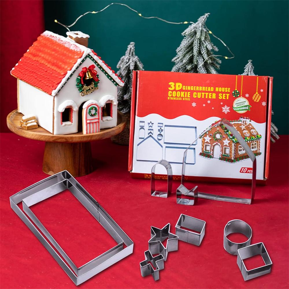 10 st pepparkakshus kakformar set Rostfritt stål 3D julhus Fondant Kex Chokladform Bakningstillbehör