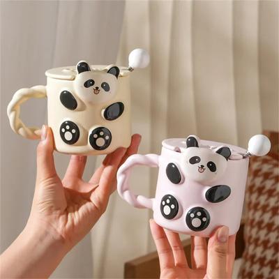 Taza de Cerámica con Patrón de Panda con Tapa y Cuchara Taza para Café, Jugo, Yogur Taza para Desayuno Avena, Leche, Té Mug para Agua de Oficina Regalo para Niña