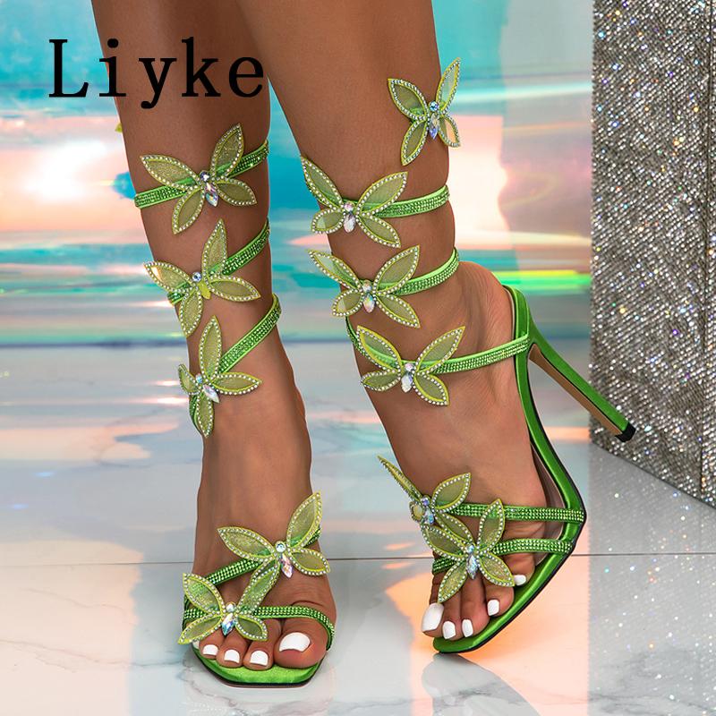 Fashion Liyke Fashion Glitter Rhinestones Women Sandals Crystal Butterfly Square Toe Wedding Party Stripper Shoes High Heels Black Blue