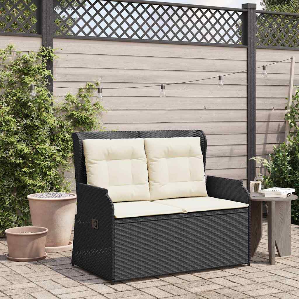 Vidaxl Folding Garden Bench With Cushions, Black, Poly Rattan