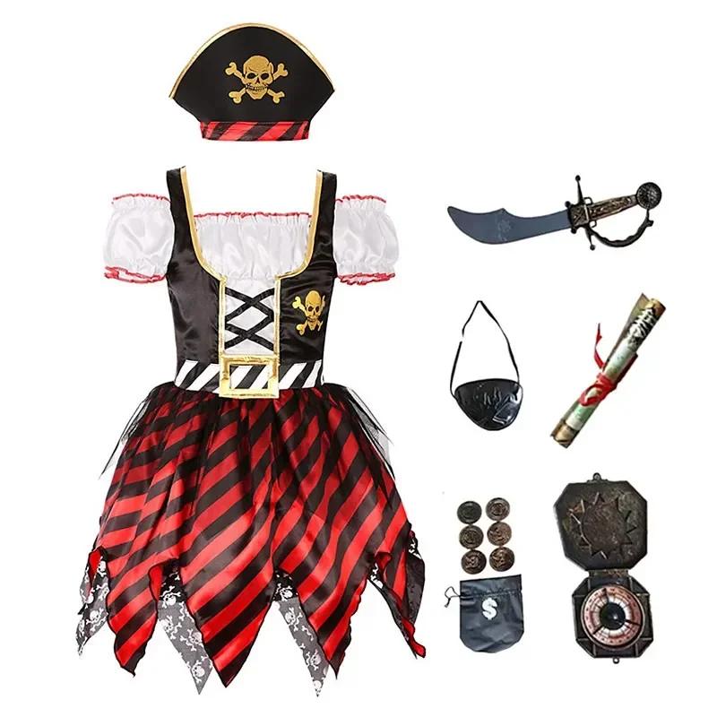 3-12Y Pirate Cospay Costume Skull Party Striped Dress with Toy Set for Christmas Halloween Captain Jack Princess Dress Party