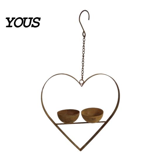 Bird Feeder for Sparrows Metal Heart Feeder, Outdoor Hanging with Large Capacity 2 Bowls, Garden Backyard Wild Birds