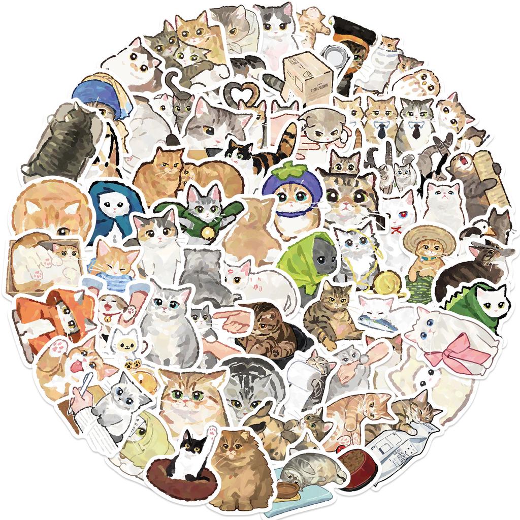 77 Cartoon Watercolor Cat Doodle Stickers Decorate Guitar Notebook Suitcase DIY Waterproof