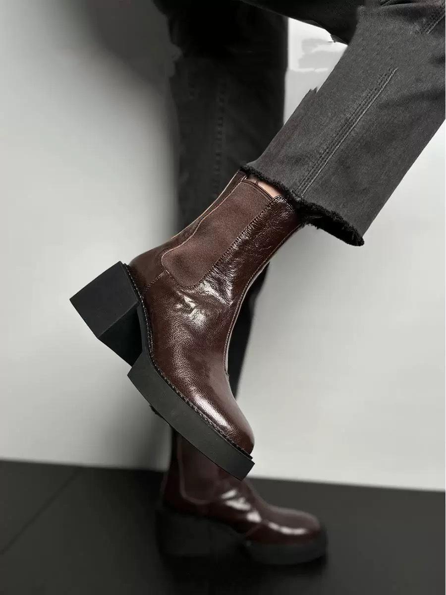 

Retro elastic band thick soled round toe Chelsea short boots high heels short boots thick heels short boots women s boots 34