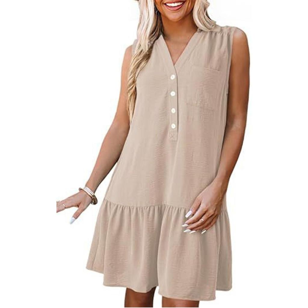 Women's Fashion Casual Sleeveless V-Neck Button Solid Color Dresses