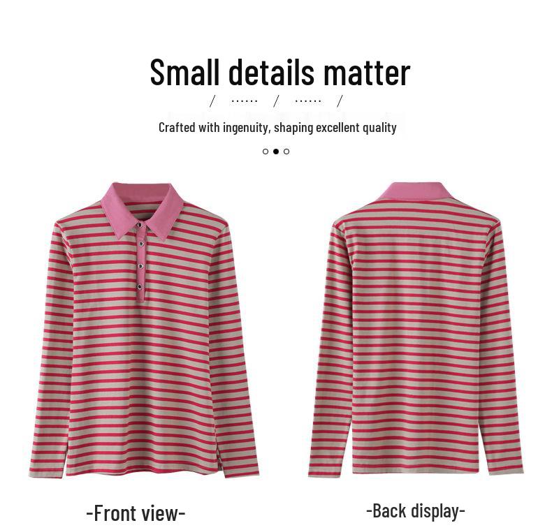 Women's Autumn Korean Style Striped Long Sleeve Lapel T-shirt - 95% Cotton, Button-Up, Slimming Fit