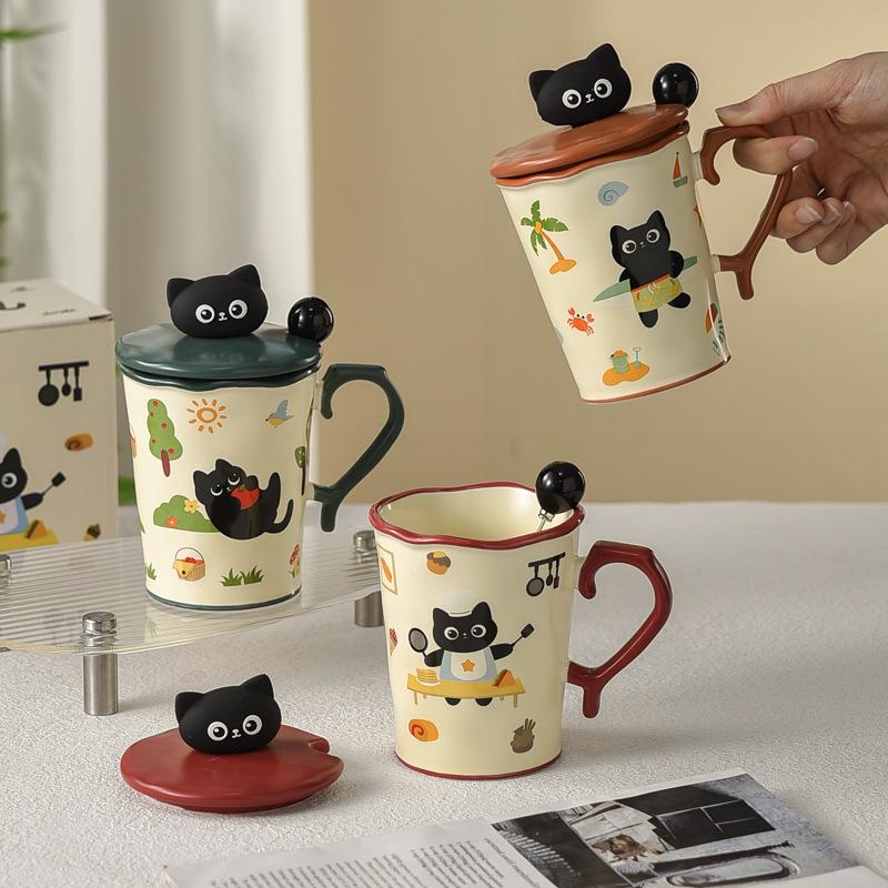 Niedliche Katze Keramiktasse Becher mit Deckel und Löffel für Mädchen mit hochwertigem Design Nische Büro Wasserbecher