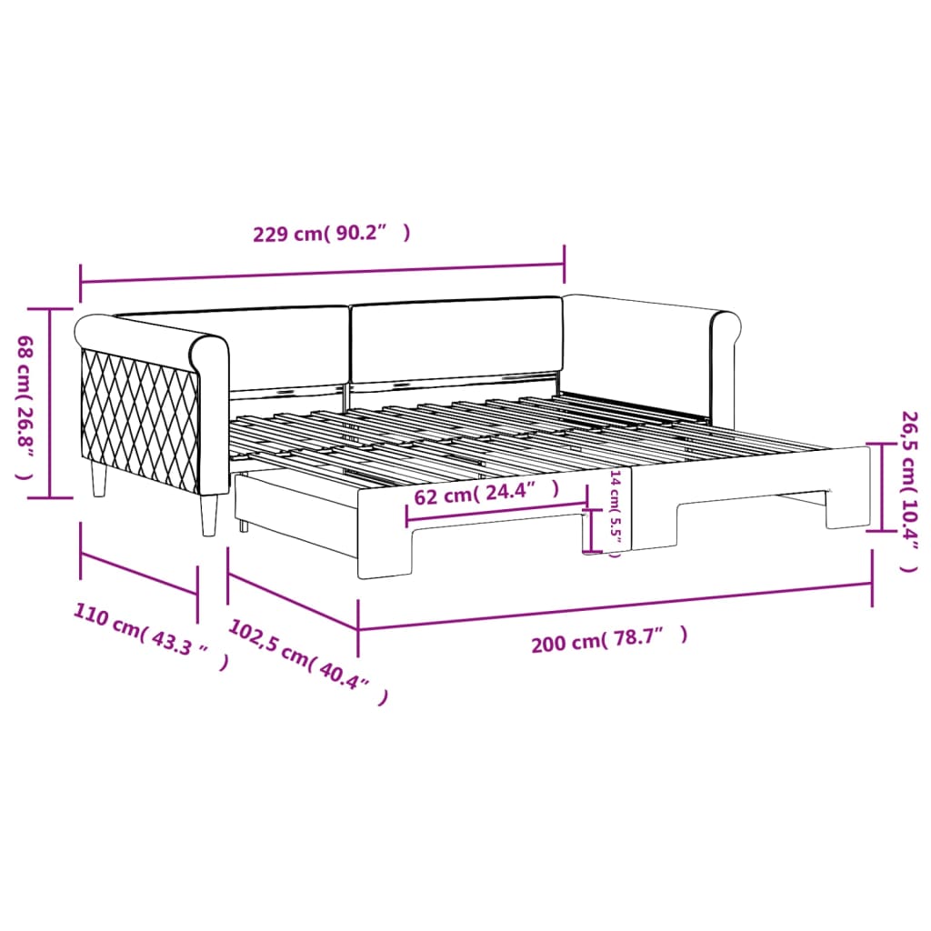 Daybed Pull out Pink 100x200 cm Velvet