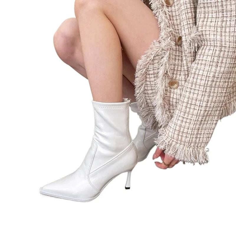 Jaro/podzim Tenké podpatky Moderní kozačky Vysoký podpatek Kotníkové Nazouvací 2024 Horký prodej Dámské boty Špičatá špička Šití Sexy Dámské kozačky