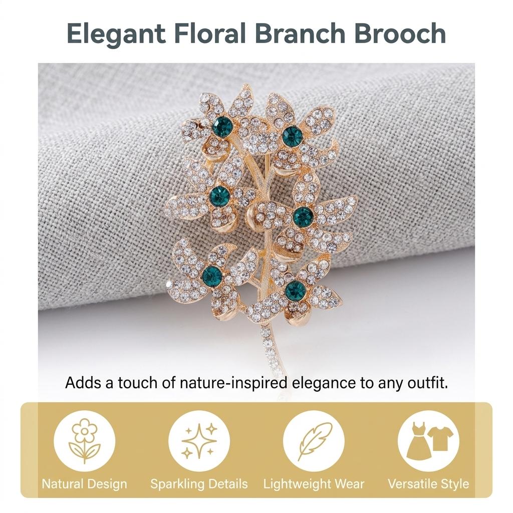 Rhinestone Six-Flower Branch Brooch Zinc Alloy Lightweight Elegant Jewelry For Women