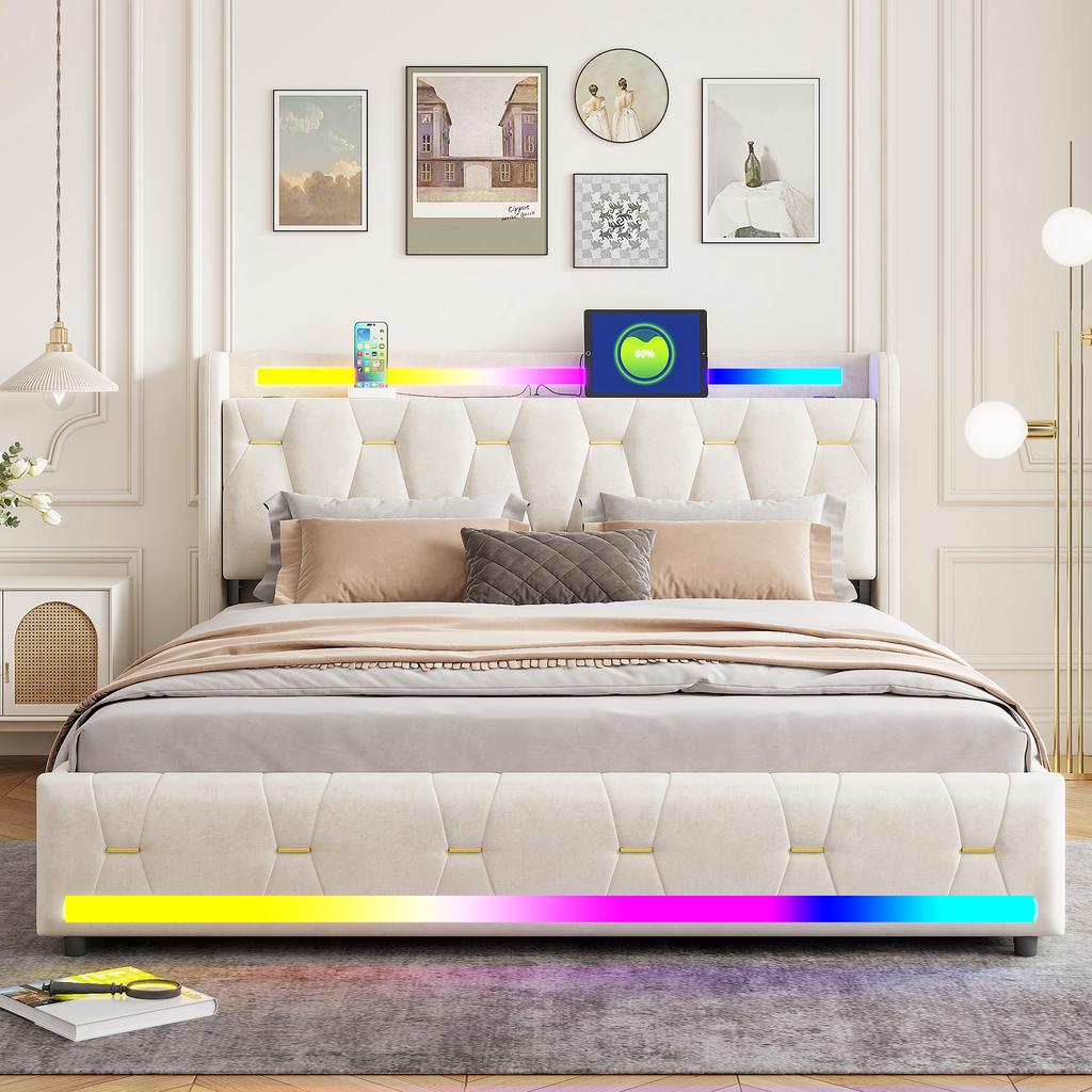 Luxury Beige Bed Frame App and Remote Controlled Music Sync LED Light Built in Audio Speaker Under Bed Wheeled Storage Organiser