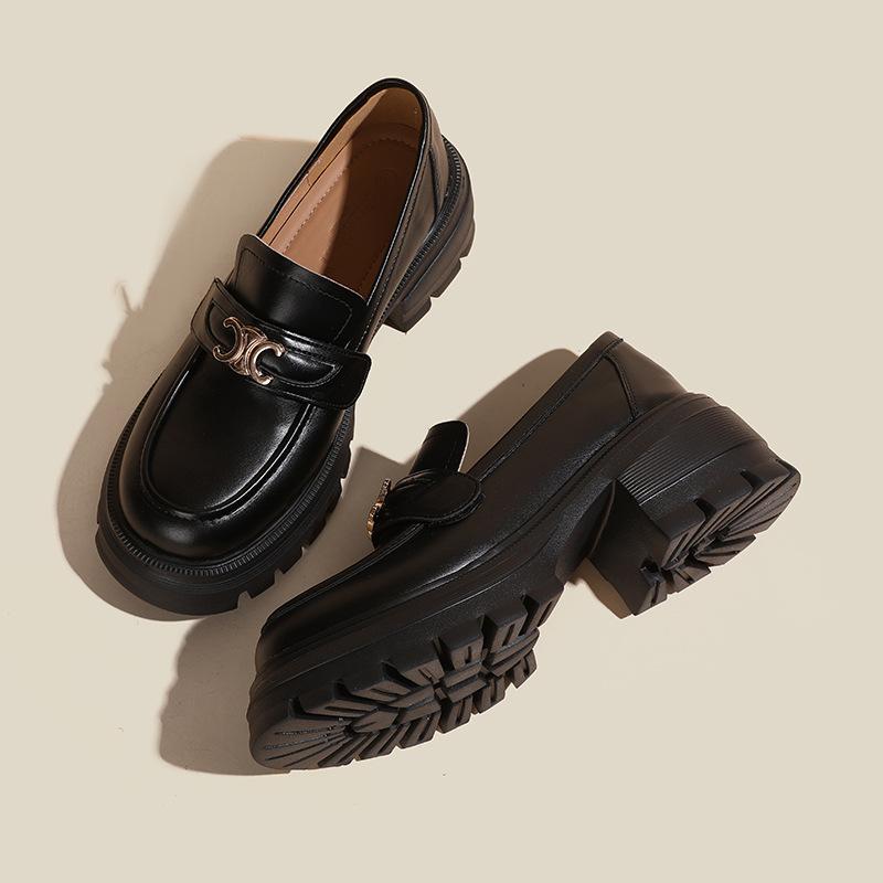 

thick-soled middle heel college style small leather shoes women s pair C buckle single shoes round head 40