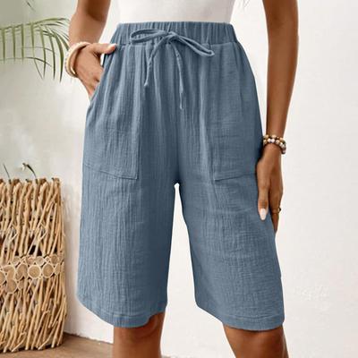 Shorts Women Summer Cotton Linen Elastic Waist Pocket Elastic Casual Pants Straight Loose Five Quarter Women'S Clothing