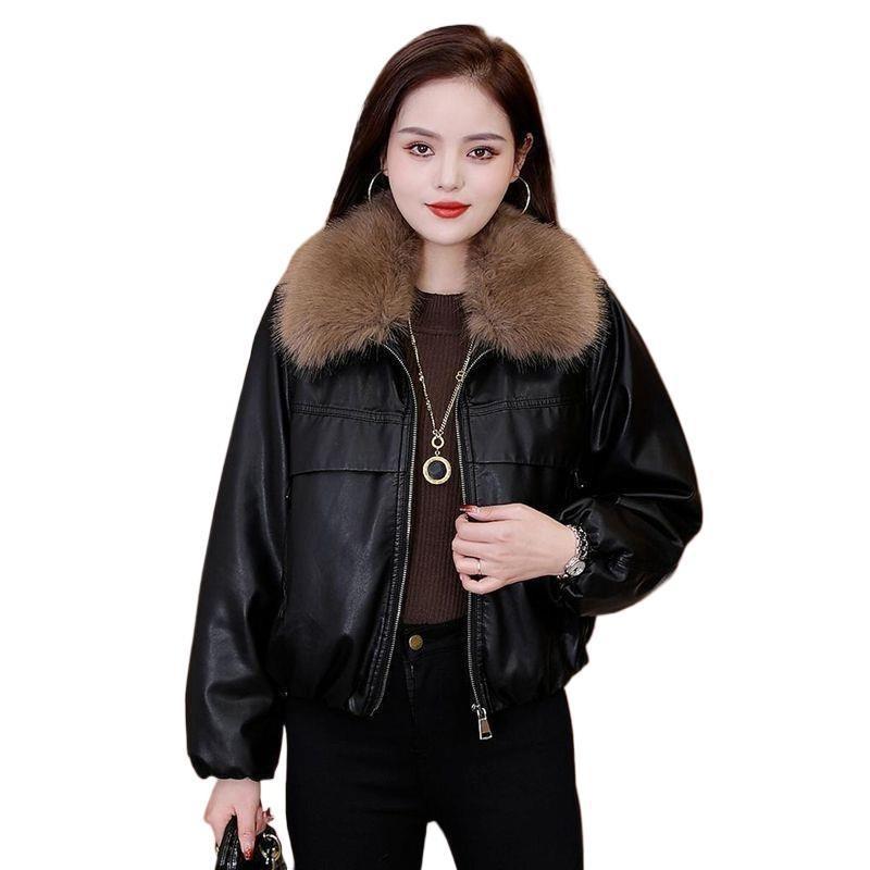 Removable large fur collar plush thickened leather jacket women's short autumn and winter new loose pie overcome