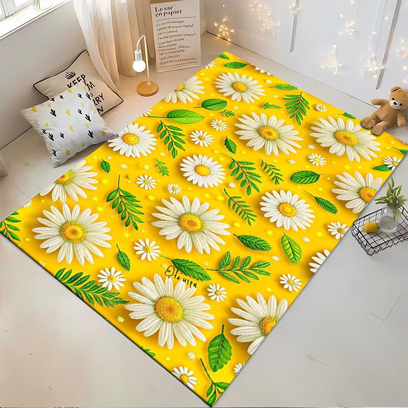White Daisies and Green Leaves on Yellow Non-slip rug suitable for living room and bedroom sofas