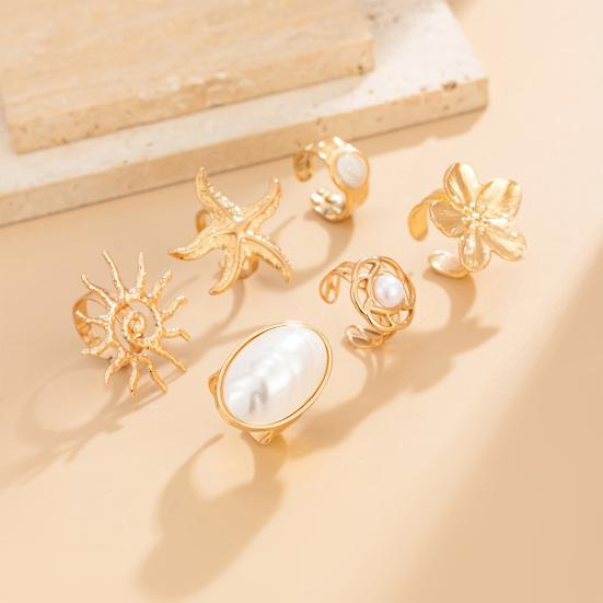 6Pcs/Set Finger Ring Set, Ocean Style Adjustable Ring with Imitation Pearl And Shell Texture, Bohemian Style Stackable Rings for Women