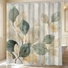 Blue-Green Shower Curtain With Gold Foil Pattern, Polyester Fabric, Machine Washable, With Hooks, Suitable For Bathroom Dcor.