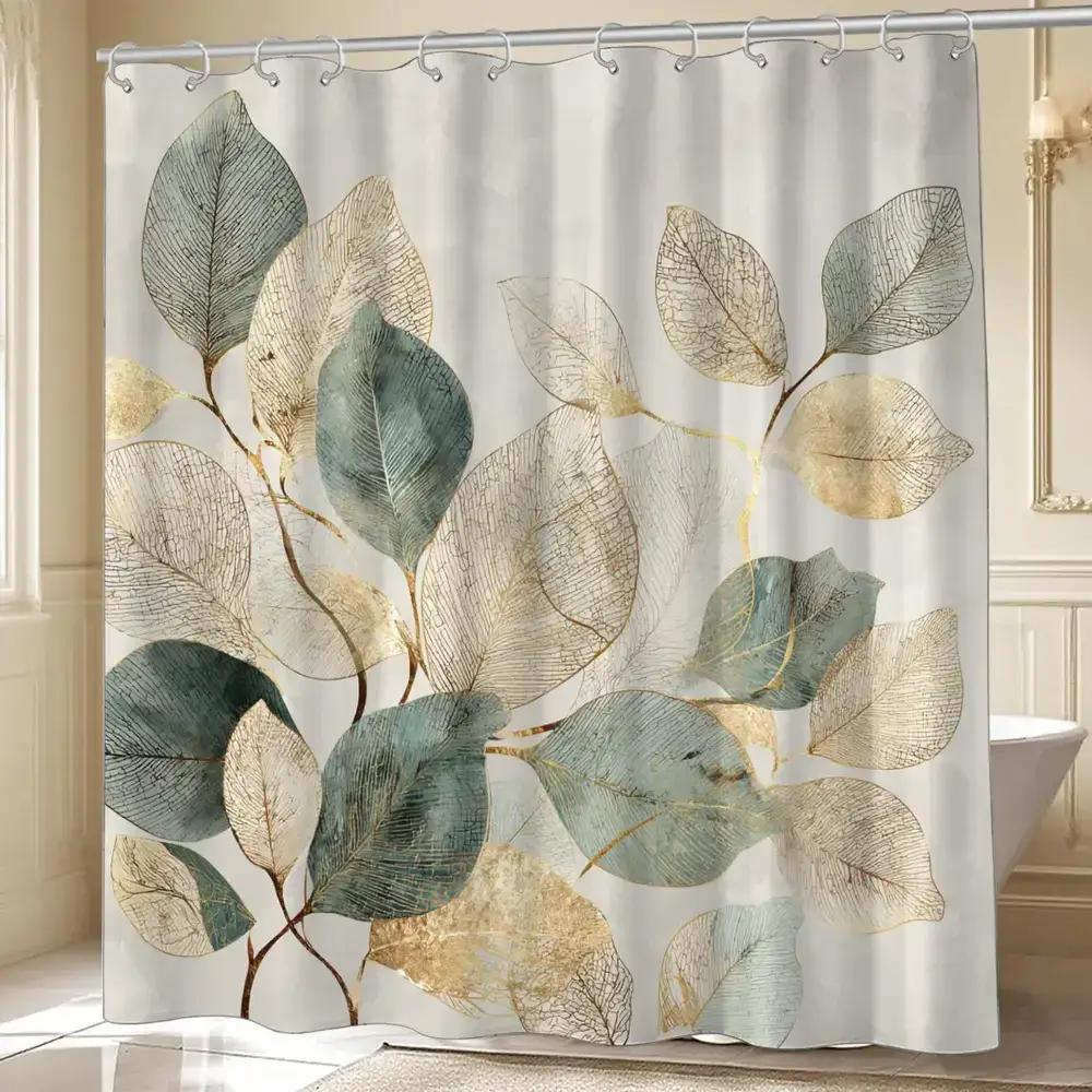 

Blue-Green Shower Curtain With Gold Foil Pattern, Polyester Fabric, Machine Washable, With Hooks, Suitable For Bathroom Dcor. W60H190(CM)-1 Pcs
