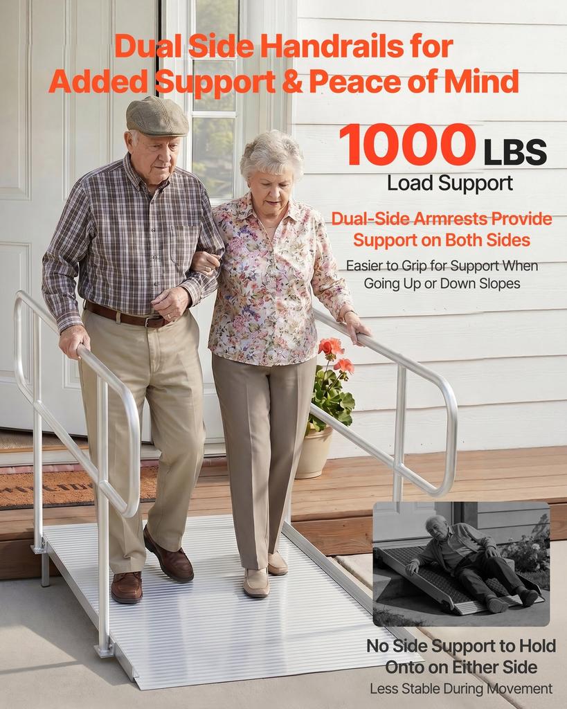 Wheelchair Ramp with Handrails, 1806 x 830 mm, Heavy Duty Wide Aluminum Wheelchair Ramp with Adjustable Legs, 453.6 kg Capacity, Portable Threshold