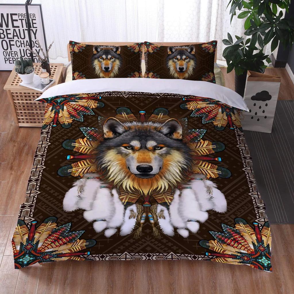 Wolves Dreamcatcher Duvet Cover Set, Animal Prints Queen Size Comforter Cover, Dreamlike Vintage Feather Wolf Bedding 3pcs Sets