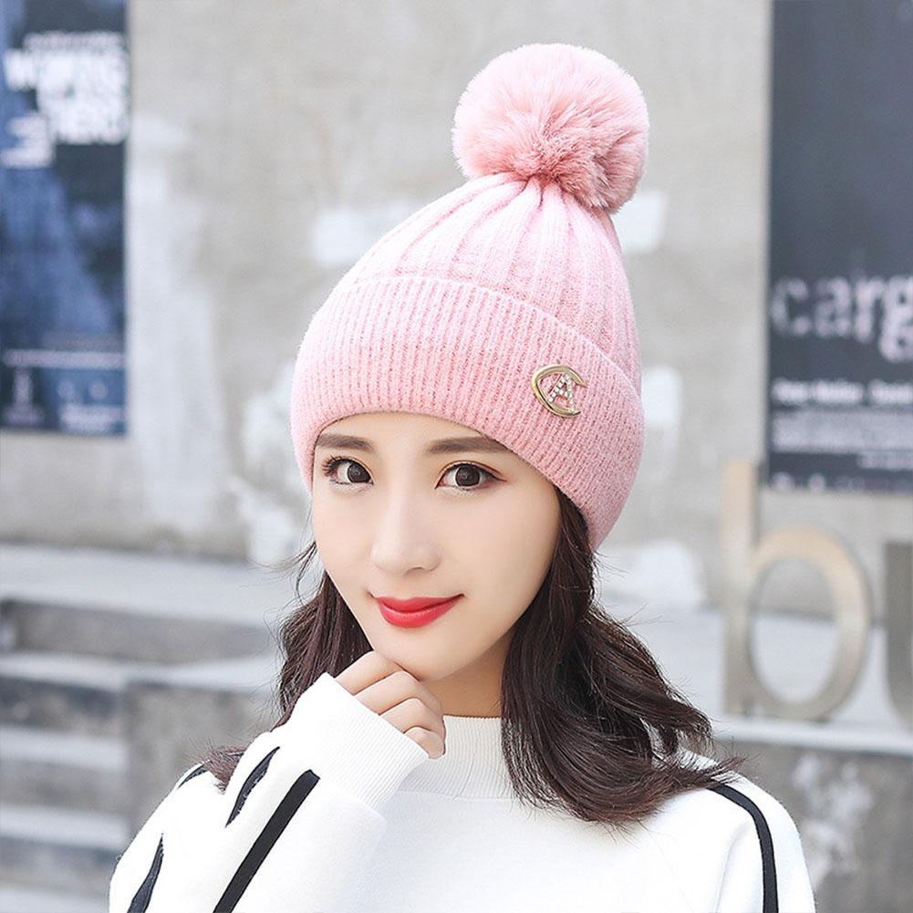 Winter Lady Fashion Thicken Beanie Knitting Wool Ball Solid Color Warm Hat Bonnet