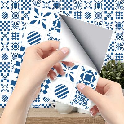 Blue Geometrical Tile Sticker  Kitchen Backsplash Oil-proof Bathroom Waterproof Home Decor Wall Decals Peel Stick Art Mural