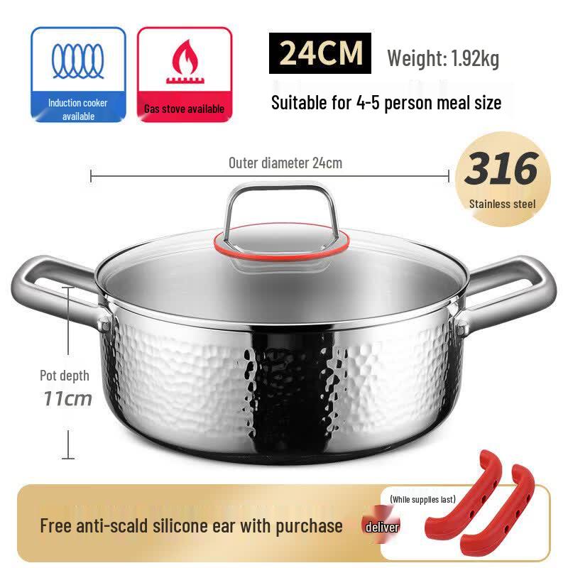 Wutuo 24cm 316 Stainless Steel Double Handle Soup Pot