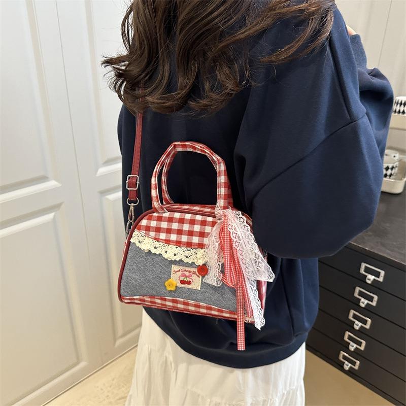 Red Plaid Bag Women's New Trendy Fashion College Style Handbag Fresh and Cute Lace Shoulder Messenger Bag