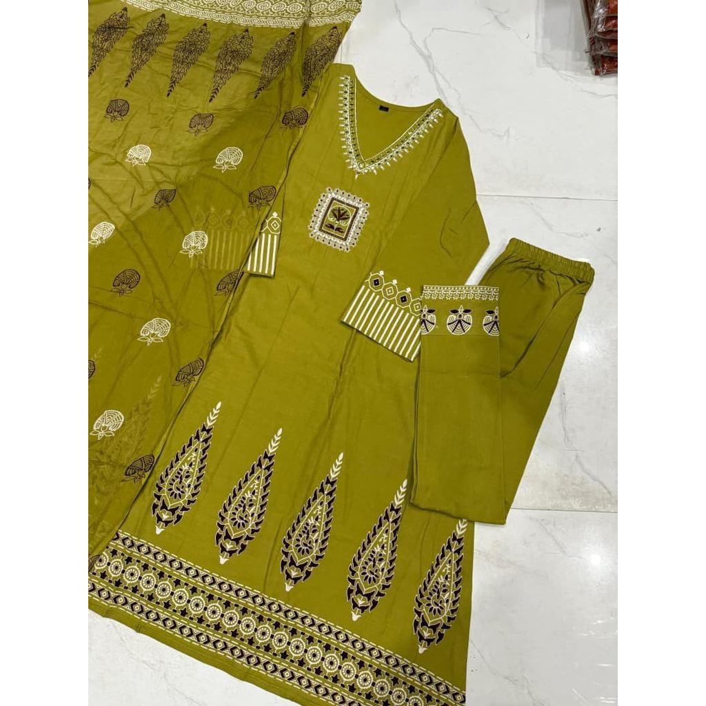 Indian Pakistani Cotton Kurta Pant Dupatta Set Bollywood Wedding Wear Kurti Set